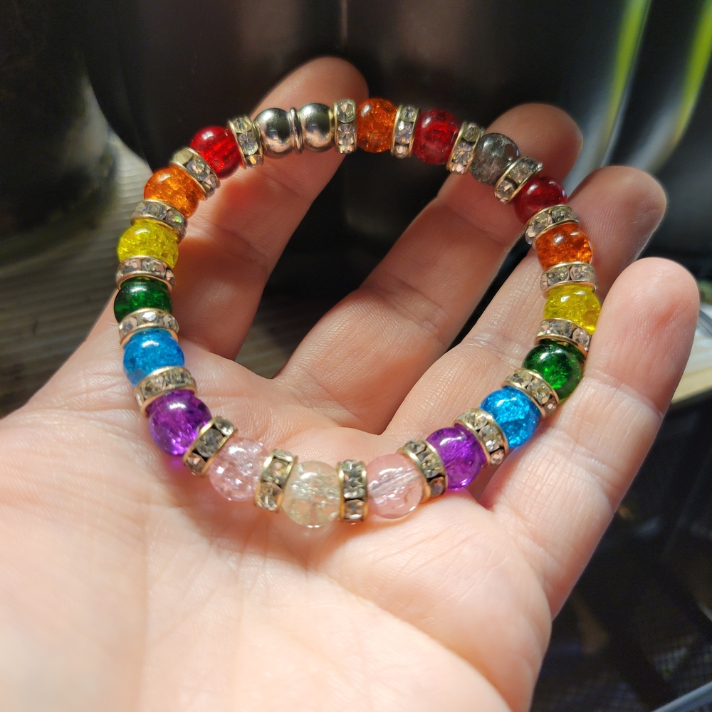 Handmade Rainbow Beaded Memory Wire Pride Bracelet Vintage Crackle Beads Love